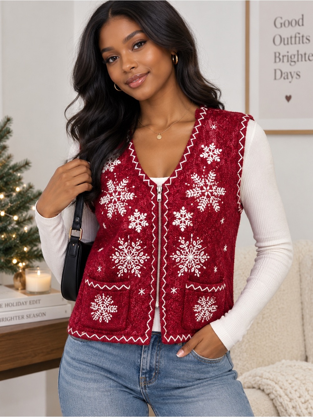 Mercer Street Studio red winter motif Knit Sweater vest M